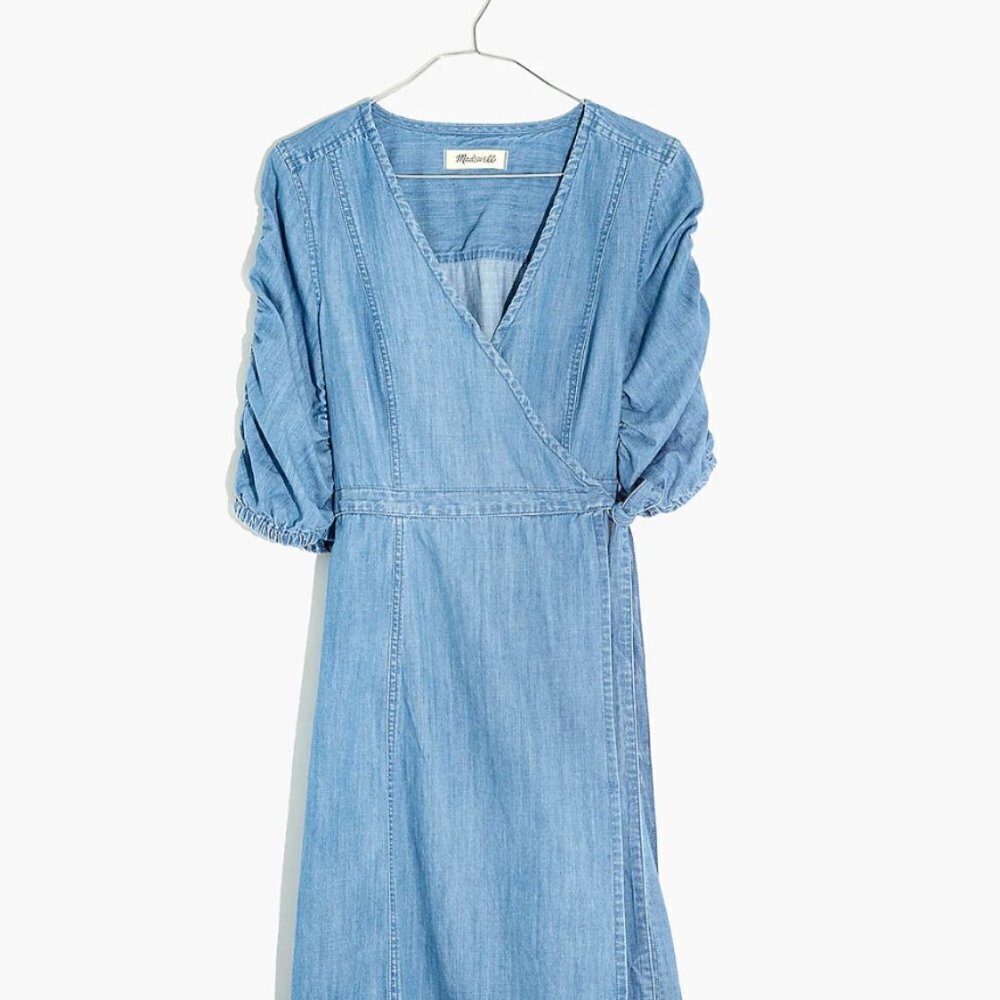 MADEWELL Women's Dress XS Blue Chambray Shirred-Sleeve Wrap Waist Elsworth Wash - Picture 2 of 8